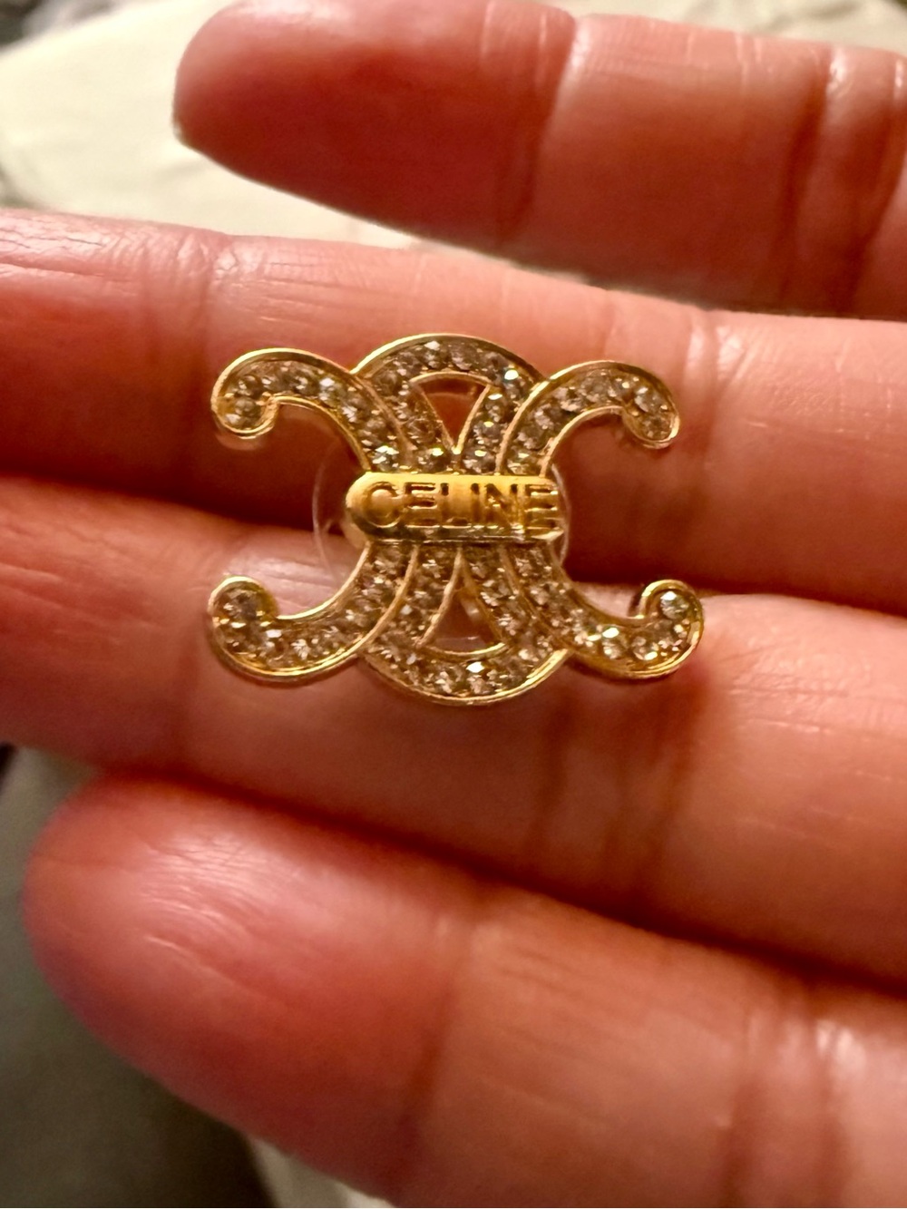 Celine Gold Crystal Double-C Logo Stud Earrings - Picture 2 of 3